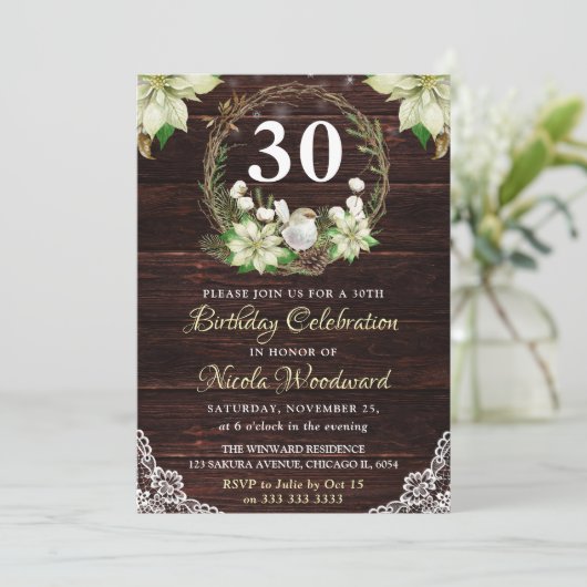 Rustic Winter White Robin & Holly Wreath Birthday Kaart (Staand voorkant)