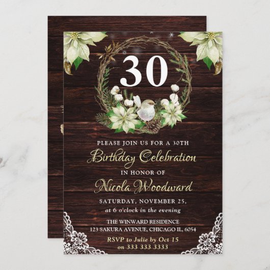 Rustic Winter White Robin & Holly Wreath Birthday Kaart (Voorkant / Achterkant)