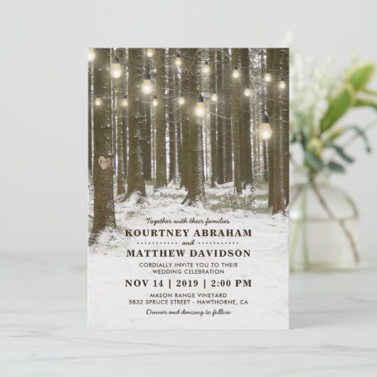 Rustic Winter Woodland Tree String Lights Wedding Kaart (Staand voorkant)