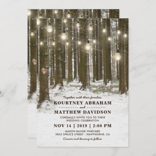 Rustic Winter Woodland Tree String Lights Wedding Kaart (Voorkant / Achterkant)