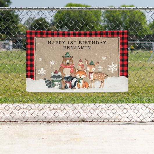 Rustic Winter Woodland Wilde dieren 1e verjaardag Spandoek (Insitu)