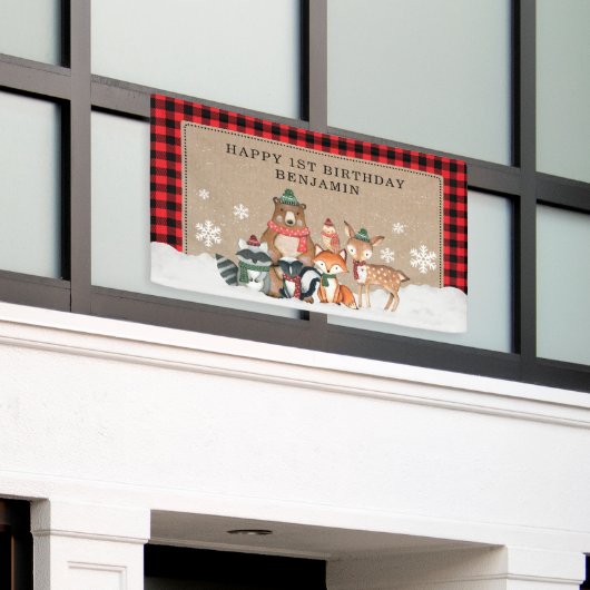 Rustic Winter Woodland Wilde dieren 1e verjaardag Spandoek (Buitenkant Gebouw)