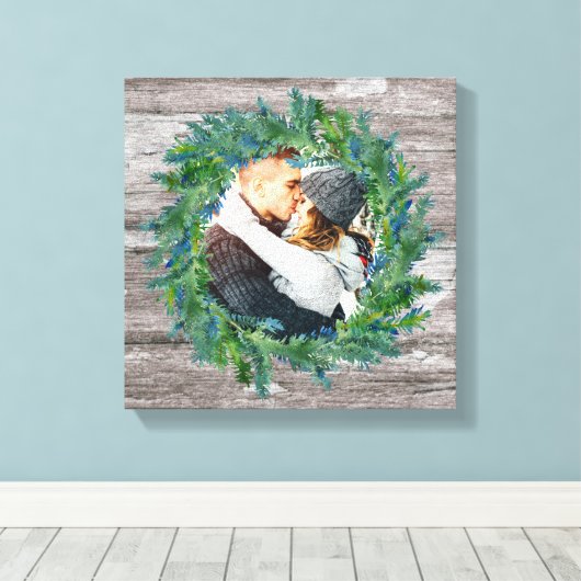 Rustic Winter Wreath Kerstfeestdag Foto Canvas Afdruk (Insitu (Houten vloer))