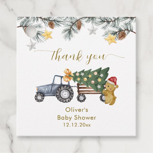 Rustic Winter X'mas Tree Tractor Bear Baby Shower  Bedankjes Labels (Voorkant)