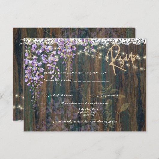 Rustic Wisteria Wood Lace Lights Wedding RSVP Briefkaart (Voorkant / Achterkant)