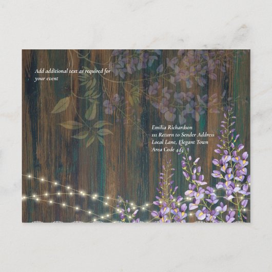 Rustic Wisteria Wood Lace Lights Wedding RSVP Briefkaart (Achterkant)