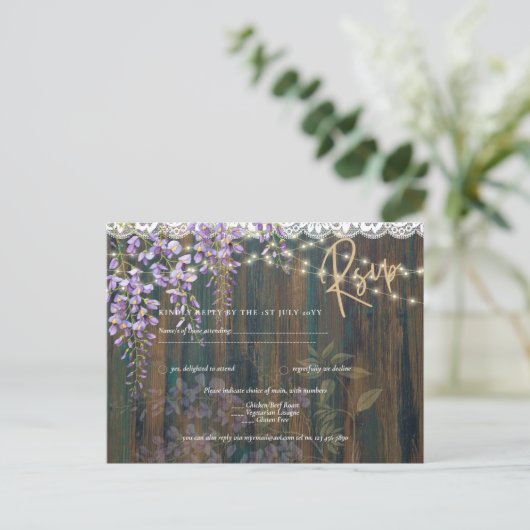 Rustic Wisteria Wood Lace Lights Wedding RSVP Briefkaart (Staand voorkant)
