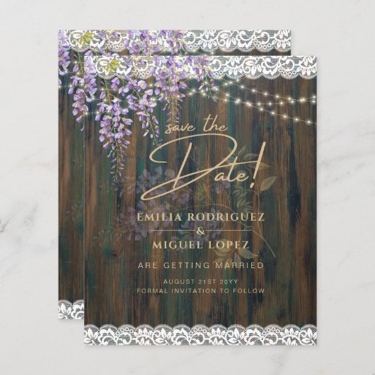 Rustic Wisteria Wood Lace Wedding Save Date (Voorkant / Achterkant)