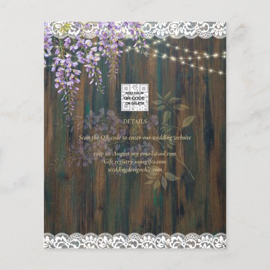 Rustic Wisteria Wood Lace Wedding Save Date (Achterkant)