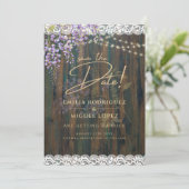 Rustic Wisteria Wood Lace Wedding Save Date Kaart (Staand voorkant)