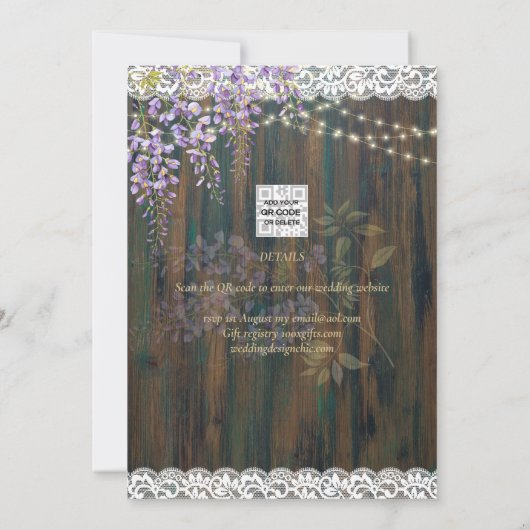 Rustic Wisteria Wood Lace Wedding Save Date Kaart (Achterkant)
