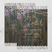 Rustic Wisteria Wood Lace Wedding Save Date Kaart (Voorkant / Achterkant)