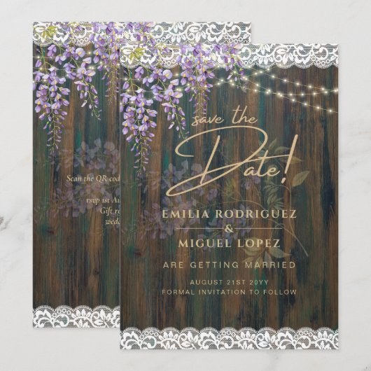 Rustic Wisteria Wood Lace Wedding Save Date Kaart (Voorkant / Achterkant)