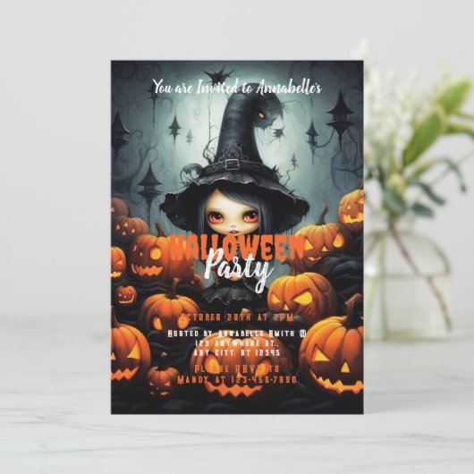 Rustic Witch Bats Pumpkins Halloween Party Kaart (Staand voorkant)