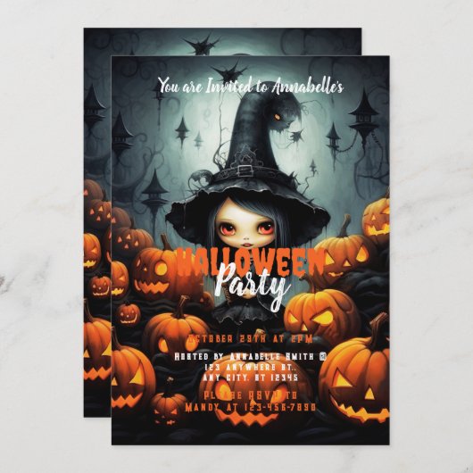 Rustic Witch Bats Pumpkins Halloween Party Kaart (Voorkant / Achterkant)