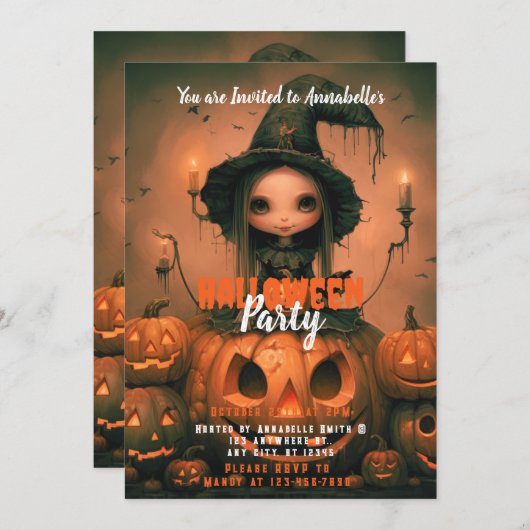 Rustic Witch Bats Pumpkins Halloween Party Kaart (Voorkant / Achterkant)