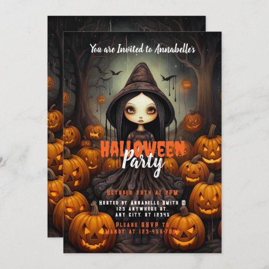 Rustic Witch Bats Pumpkins Halloween Party Kaart (Voorkant / Achterkant)