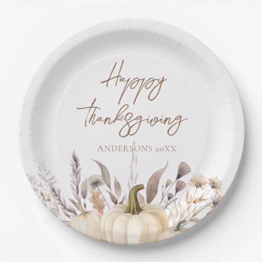 Rustic Witte Pompoen Thanksgiving Papieren Bordje (Voorkant)