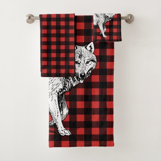Rustic Wolf Red & Black Buffalo Check Plaid Bad Handdoek (Insitu)