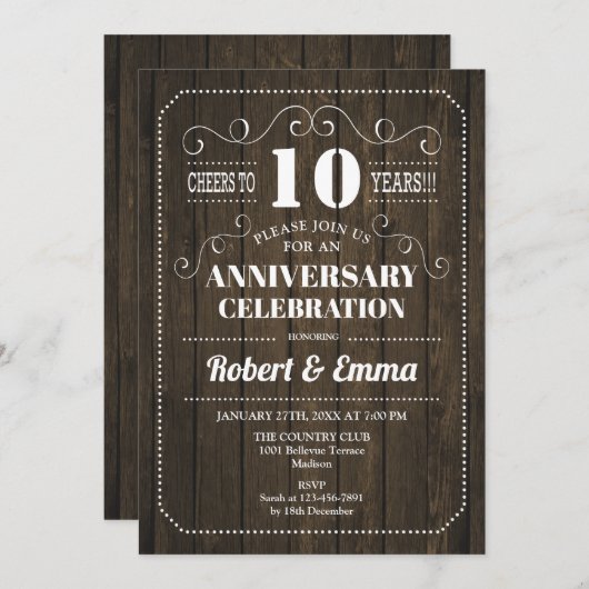 Rustic Wood 10e bruiloft Jubileum Party Kaart (Voorkant / Achterkant)