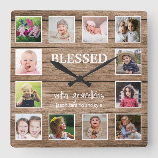 Rustic Wood 12 Foto Collage Blessed Grandouders Vierkante Klok (Voorkant)