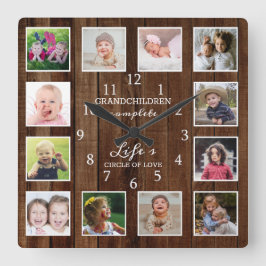 Rustic Wood 12 Foto Collage Grandchildren Quote Vierkante Klok