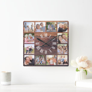 Rustic Wood 12 Foto Collage Vierkante Klok