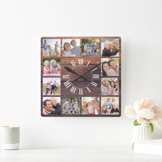 Rustic Wood 12 Foto Collage Vierkante Klok (Huis)