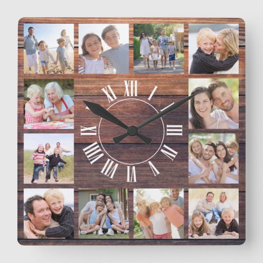 Rustic Wood 12 Foto Collage Vierkante Klok (Voorkant)