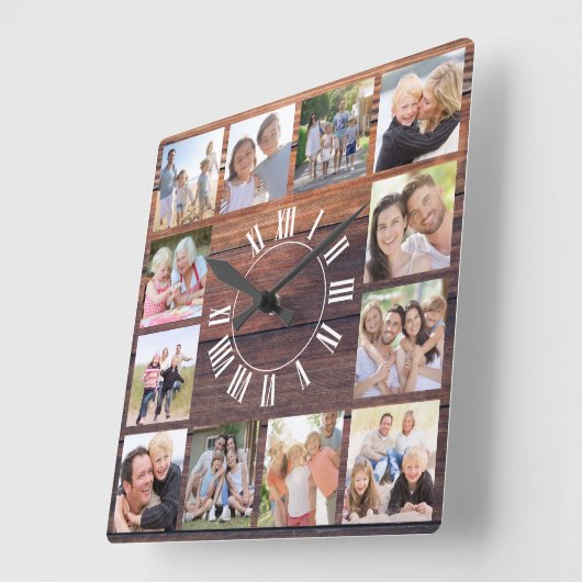 Rustic Wood 12 Foto Collage Vierkante Klok (Hoek)