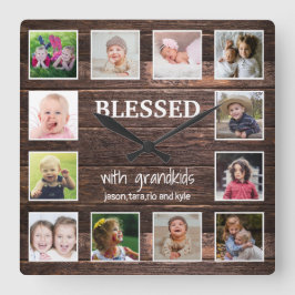 Rustic Wood 12 Foto geblesseerd met kleinkinderen Vierkante Klok