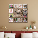 Rustic Wood 12 Quote voor tijd fotocollage familie Vierkante Klok<br><div class="desc">Rustic wood fotoklok met de inspirerende familie citeert: "Tijd besteed aan familie is elke seconde waard". Geef twaalf van je favoriete afbeeldingen een persoonlijk tintje.</div>