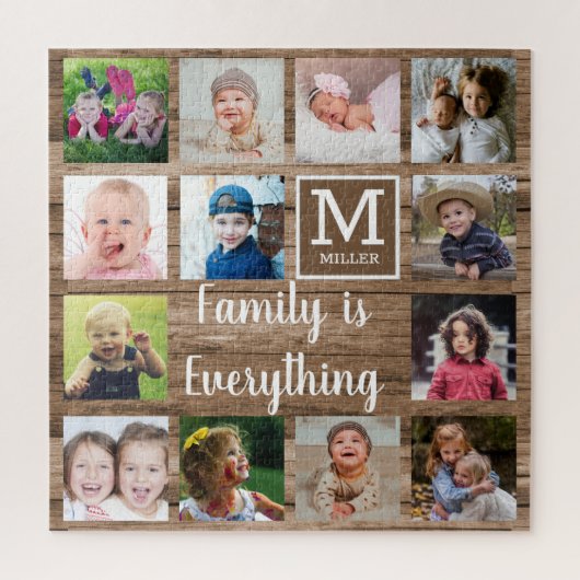 Rustic Wood 13 Monogram fotocollage familie Legpuzzel (Verticaal)