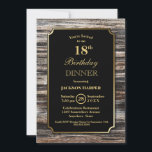 Rustic Wood 18th Birthday Dinner Party Kaart<br><div class="desc">Een bijtend goud grenst aan hout 18e verjaardagsdiner uitnodiging met gouden tekst op een zwarte achtergrond.</div>
