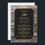 Rustic Wood 18th Birthday Dinner Party Kaart<br><div class="desc">Een bijtend goud grenst aan hout 18e verjaardagsdiner uitnodiging met gouden tekst op een zwarte achtergrond.</div>