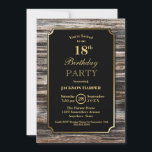 Rustic Wood 18th Birthday Party Kaart<br><div class="desc">Een bijtend goud grenst hout 18e verjaardagsfeestdag met gouden tekst op een zwarte achtergrond.</div>