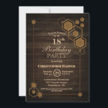 Rustic Wood 18th Birthday Party Kaart<br><div class="desc">Rustige houtkorrel 18e verjaardagsfeestuitnodiging met een uniek geometrisch gouden lijst.</div>
