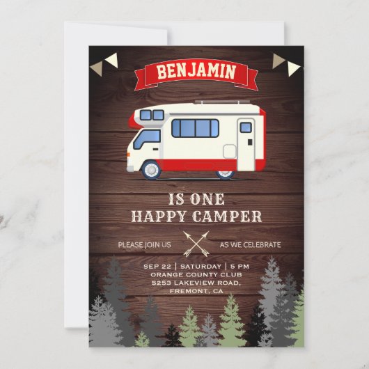 Rustic Wood 1 Happy Camper 1e verjaardag Kaart (Voorkant)
