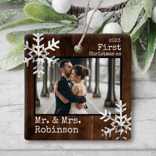 Rustic Wood 1 Kerstmis Mr. & Mrs Custom Photo Keramisch Ornament