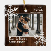 Rustic Wood 1 Kerstmis Mr. & Mrs Foto Keramisch Ornament (Voorkant)