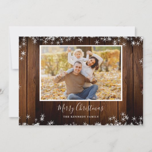 Rustic Wood 2 Familie Foto met prettig kerstfeest Feestdagenkaart (Voorkant)