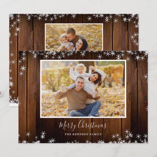Rustic Wood 2 Familie Foto met prettig kerstfeest Feestdagenkaart (Voorkant / Achterkant)