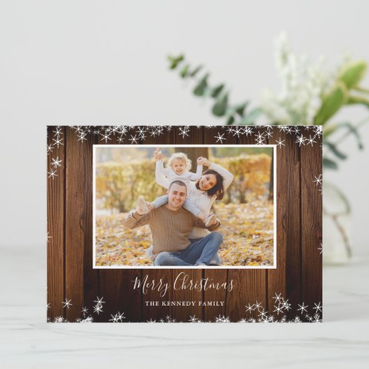 Rustic Wood 2 Familie Foto met prettig kerstfeest Feestdagenkaart (Staand voorkant)