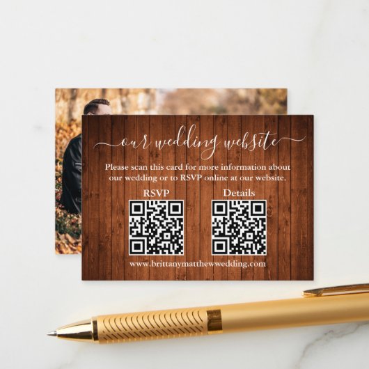 Rustic Wood 2 QR Photo Wedding RSVP - Gegevens Informatiekaartje (Voorkant / Achterkant in situ)