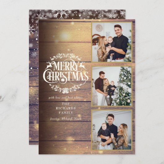 Rustic Wood 3 Foto Collage Prettig Kerstfeest Feestdagenkaart (Voorkant / Achterkant)