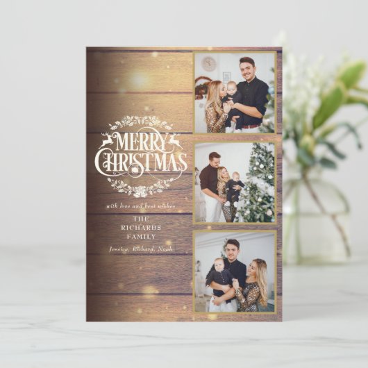 Rustic Wood 3 Foto Collage Prettig Kerstfeest Feestdagenkaart (Staand voorkant)