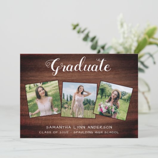 Rustic Wood 3 Fotocollage Afstuderen Aankondiging (Staand voorkant)