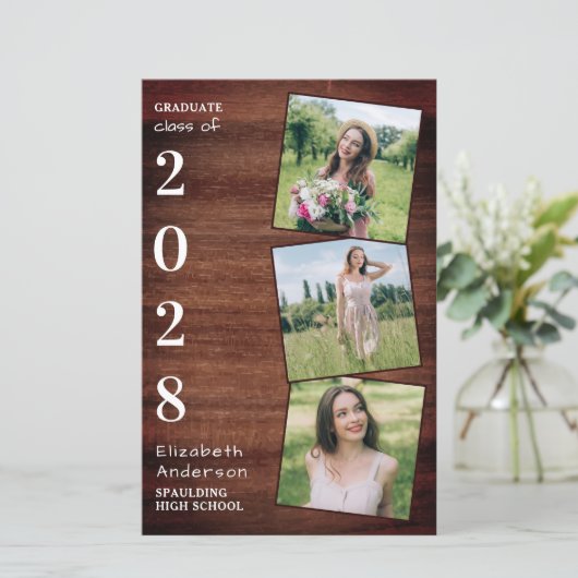 Rustic Wood 3 Uitnodiging tot Afstuderen voor foto (Staand voorkant)