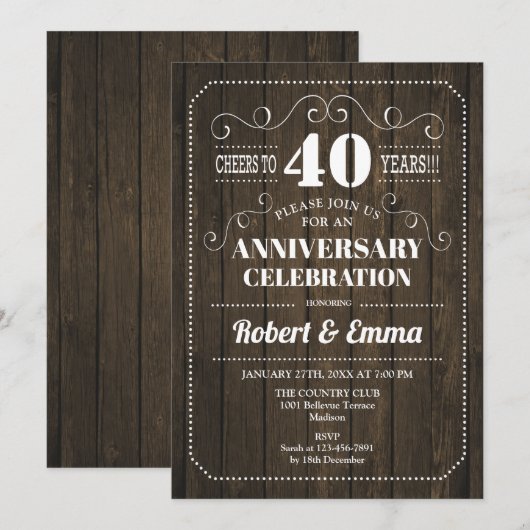 Rustic Wood 40e bruiloft Jubileum Party Kaart (Voorkant / Achterkant)