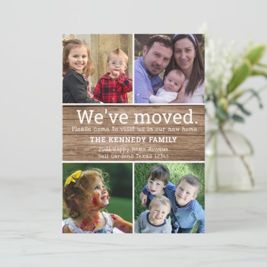 Rustic Wood 4 Foto Collage We hebben New Home verp Aankondiging (Staand voorkant)